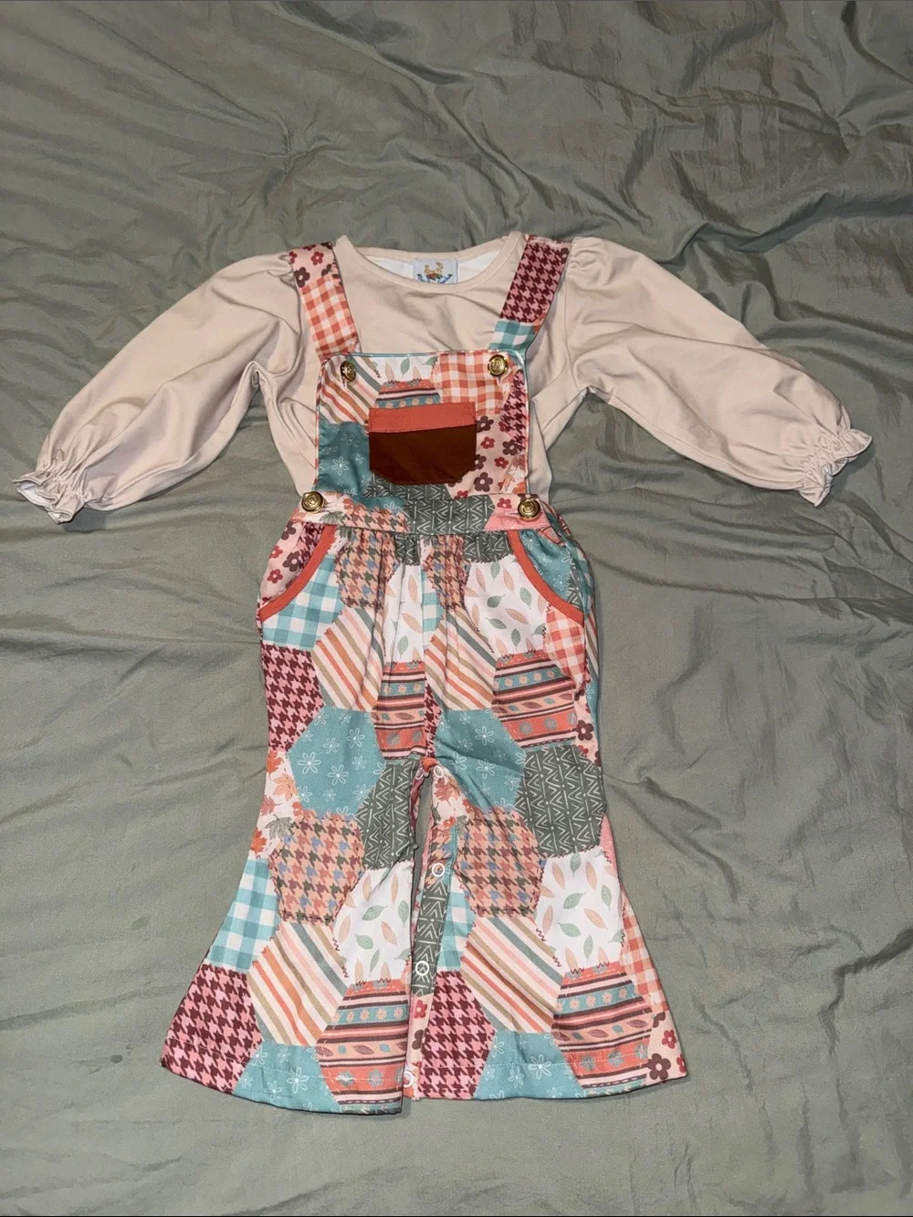 Kids Patchwork Overalls Set in Cream and Coral